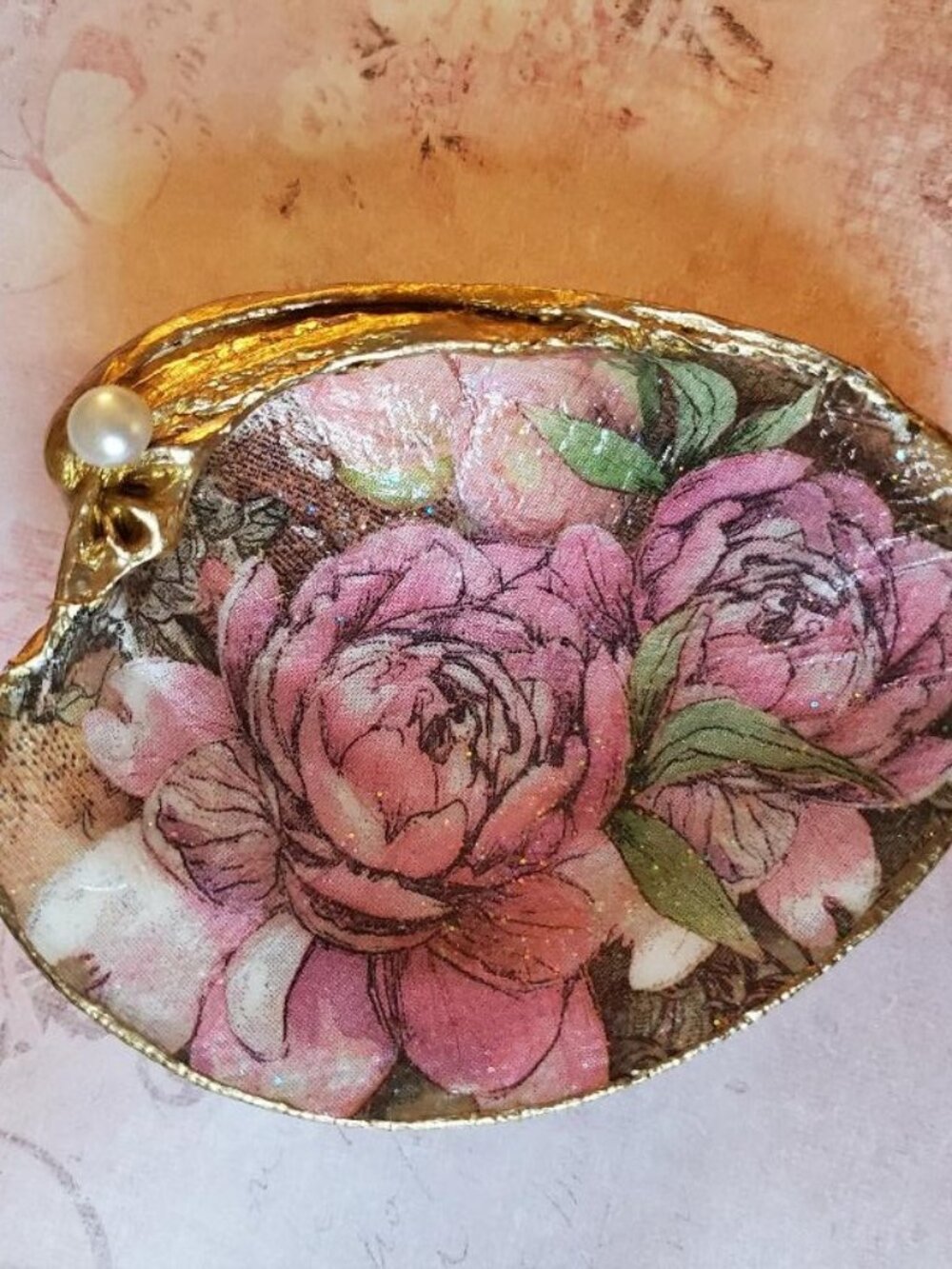 Decoupaged Shell of Roses & a Pearl & added Sparkle w/Gold Trim Trinket Dish